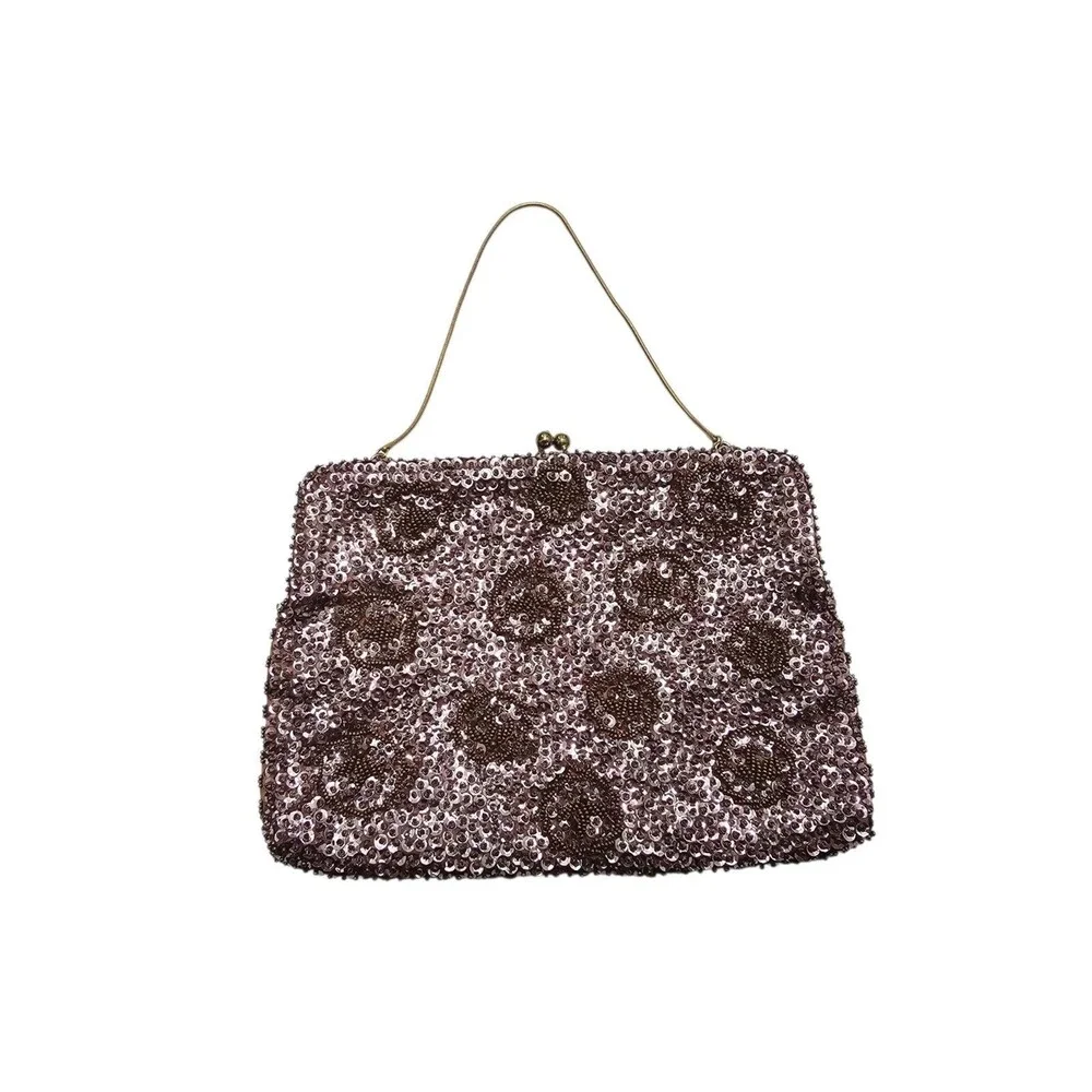 Vintage Hand Beaded Evening Bag with Sequins and Rhinestone Clasp